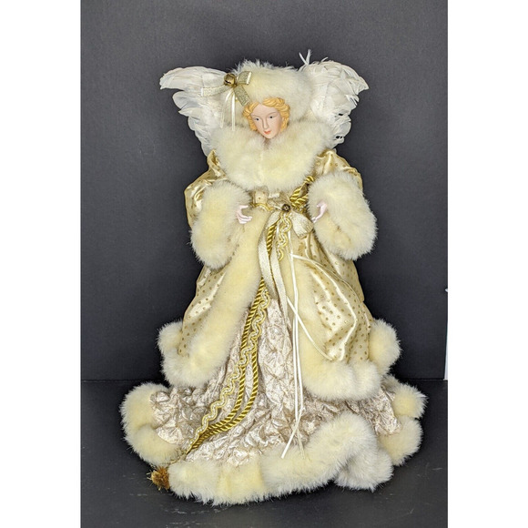 Angel Tree Topper 17" Gold Ivory Porcelain Face & Hands Feather Wings Fur Robe - Picture 2 of 9